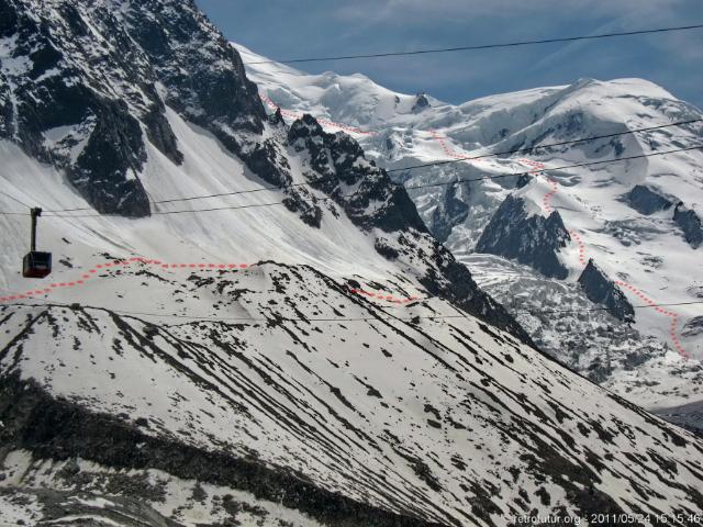 Tag 3: Der Gipfel : VIII.) 15:15 - Rückblick von der Touristenterasse. Das also war der Tag, immer wieder ziehen meine Blicke die rote Punktierungen nach. Welche somit auch hier im Bild eingetragen werden mussten.