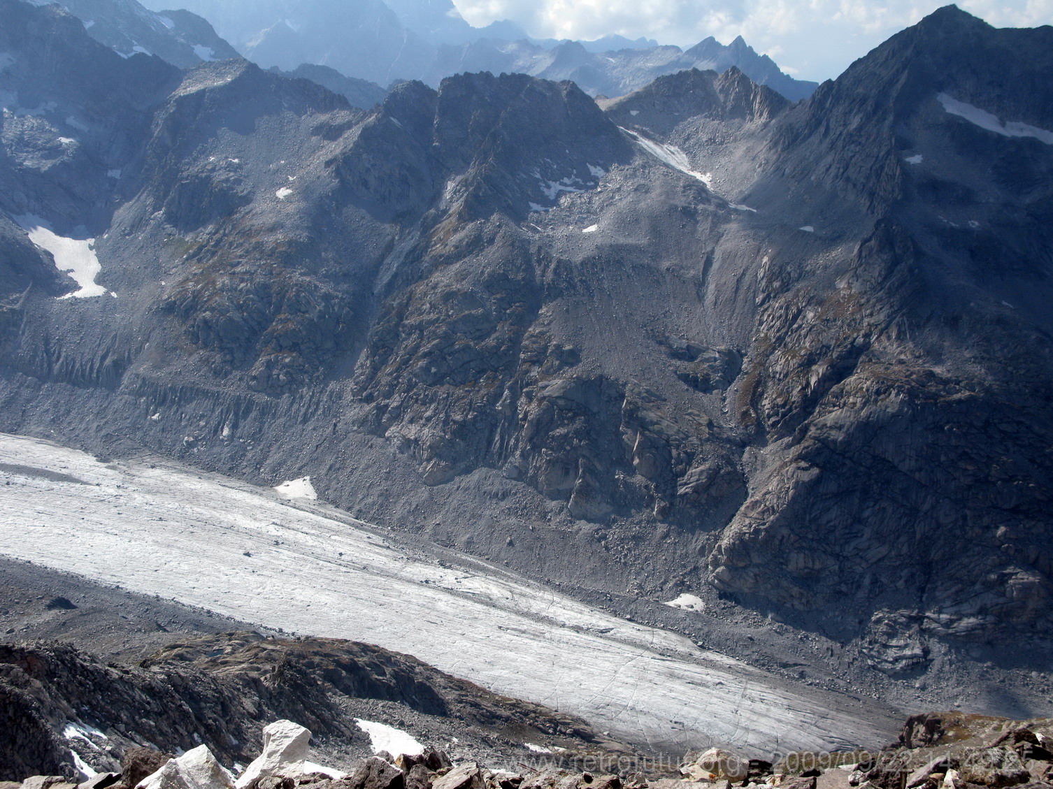 Tag 002: Fornohütte und -monte : Blick zum Übergang Pass da Casnil von der Albigna zum Forno Gletscher