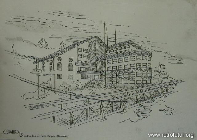 Carlo Mollino, ca. 1950 Ampliamento Stazione (49.79 KByte) Stazione Museroche / La Gran Baita : Carlo Mollino, ca. 1950 Ampliamento Stazione