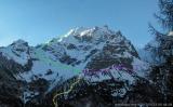 Tuckettstspitze / Berglhütte : Das Programm: Gelb der heutige Aufstieg zur Berglhütte, am folgenden Tag rechts Richtung Trafojer Eiswand, links grün der Aufstieg zum Ortler für übermorgen.