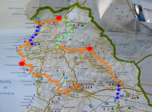 Train to Iglesias: Start of 4 day hike : Hiking (orange), hitch-hiking (blue), sleeping (red)