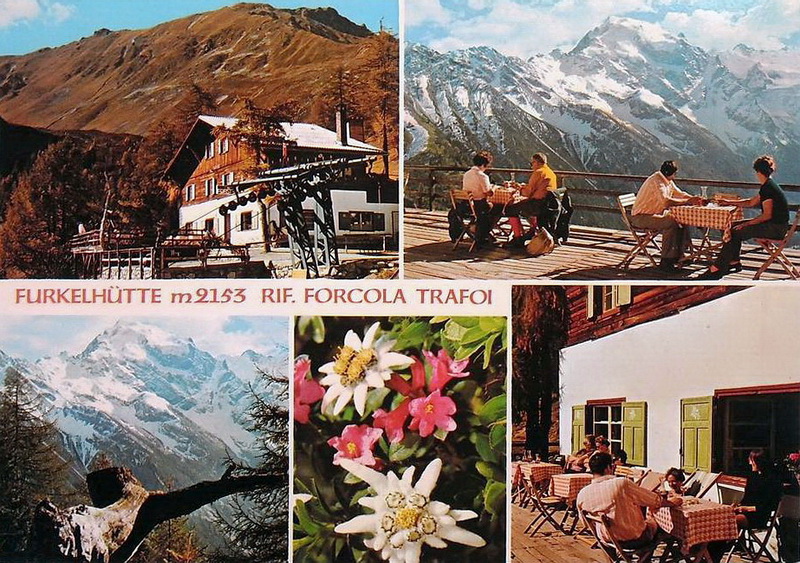 Trafoi (BZ) / Korblift Furkelhütte / Kleinboden : Mehrfachkarte: Korblift mit Furkelhütte, Ortlerblick, ortsübliches Blumendekor