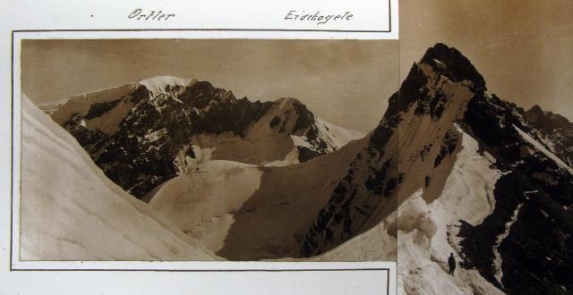 Trafojer Eiswand 3556m - Erster Weltkrieg : Der Grat von der Trafojer Eiswand bis zum Ortler 1917. Rechts das Gebiet unter italienischer Kontrolle, links unter Österreichischer