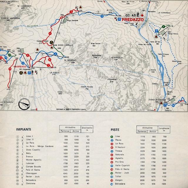 Predazzo (TN) / Ovovia Le Rois / Gardonè : Cartina situazione impianti anni'70/80