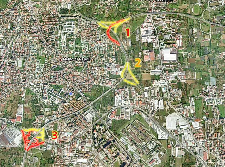 La Superstrada di Scampia : Teil 1 Nord: Die Nummern bezeichnen weiter unten dokumentierte Streckenabschnitte, die Farben geben den Status wieder (rot=nicht befahrbar)