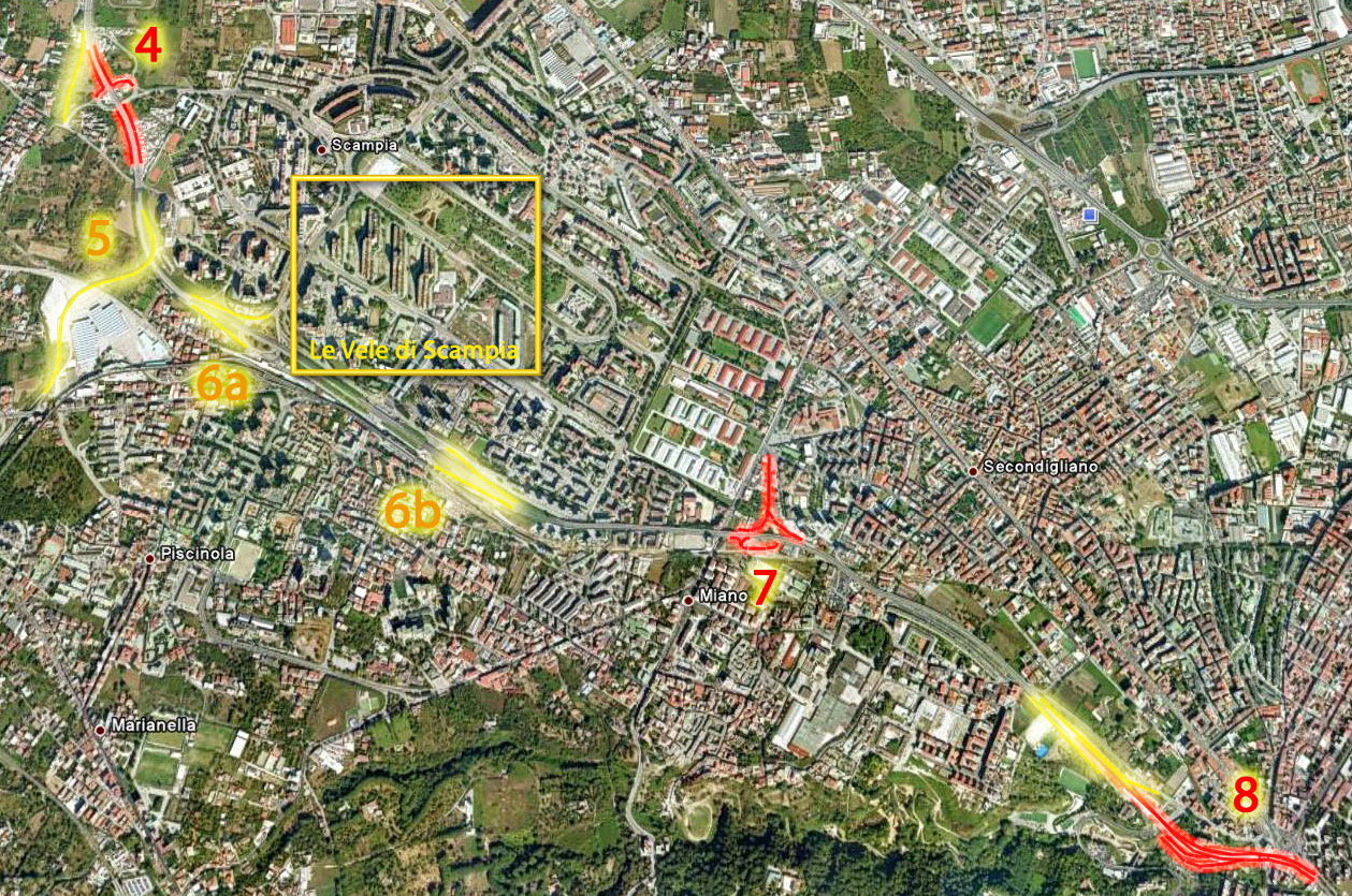 La Superstrada di Scampia : Teil 2 Süd: Die Nummern bezeichnen weiter unten dokumentierte Streckenabschnitte, die Farben geben den Status wieder (rot=nicht befahrbar)