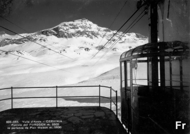 Die Talstation der Furggenbahn (Plan Maison 2560m) : Blick zum Furggen. Drei Kilometer ohne Zwischenstütze. Knapp 1000 vertikale Höhenmeter.