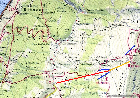 San Zeno / Cestovia Prada (VR)  - Monte Baldo : Situazione: Rosso= 1° tronco cestovia, Giallo= 2° tronco seggiovia, blu= skilift dismessi. In alto a sinistra il lago di Garda.