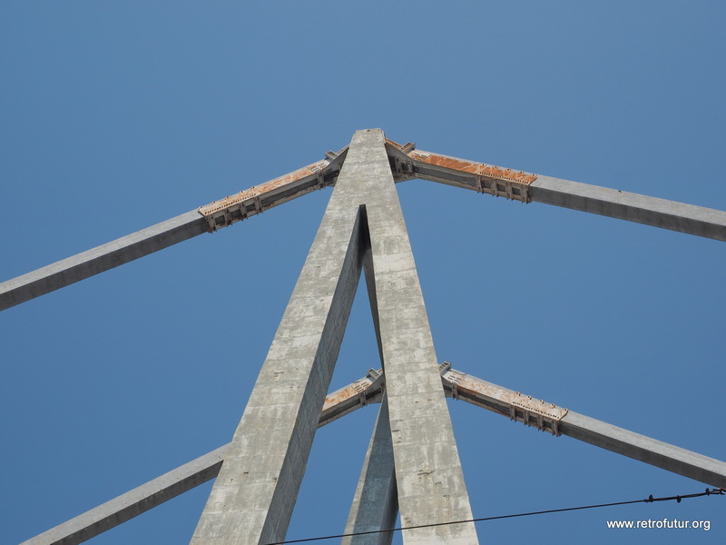 Foto Documentation August 2015 : Reinforced pylon number 10. The visible steel  sheathing has been added 1993 and later.  This is the middle of the three 90m high pylons