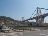 Foto Documentation August 2015 : Polcevera river and Morandi Bridge.  All three A-Type pylons, numbered 9,10 and 11 from right to left are visible. August 2015