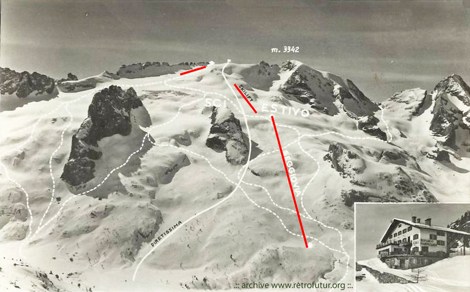 Penia (TN)  / Cestovia  Fedaia - Pian Fiacconi : Anni 50: SCI ESTIVO - Vista sulla Marmolada con la seggiovia Fedaia - Pian Fiacconi (2620m), il primo skilift ed in secondo skilift per lo sci estivo