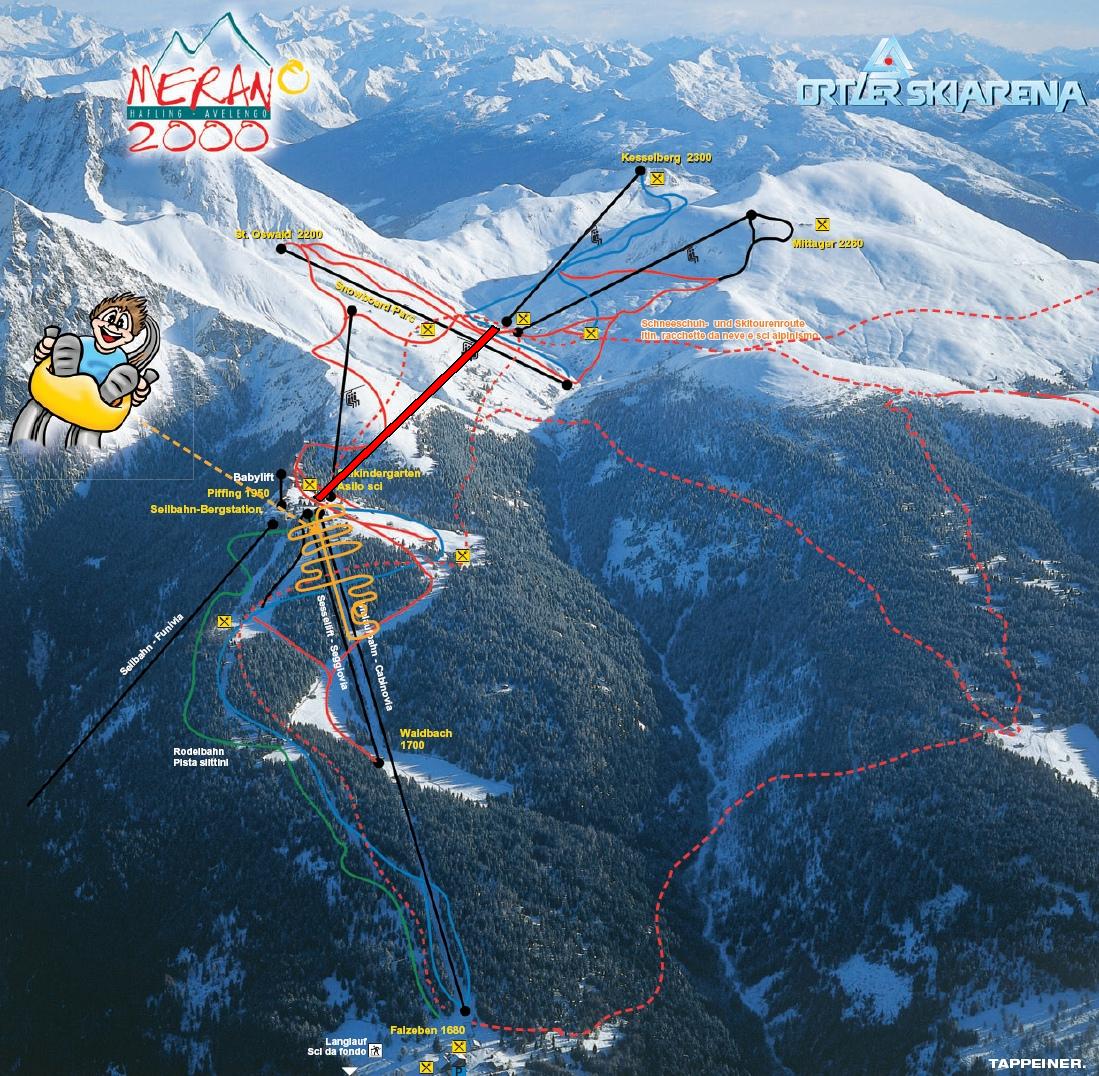 Neuzeitliche Übersicht, rot der heute abgebaute Gondellift (269.57 KByte) Meran 2000 (BZ) / Gondellift Piffinger Köpfl : Neuzeitliche Übersicht, rot der heute abgebaute Gondellift