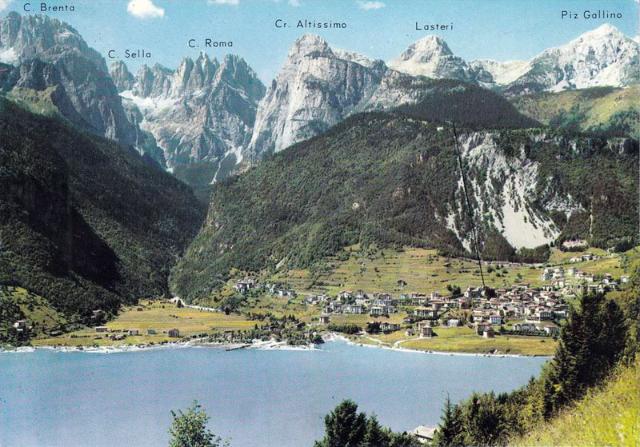 Molveno (TN)  / Cestovia Molveno - Pradel : Il Lago, Molveno, le cime della brenta ed il tracciato dell'impianto Pradel (linea nera)