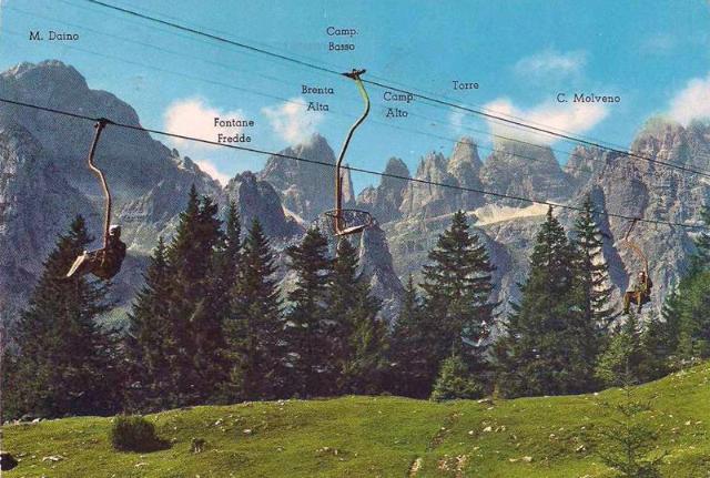 Molveno (TN)  / Cestovia Molveno - Pradel : La seggiovia monoposte antecedente della cestovia e le cime della Brenta