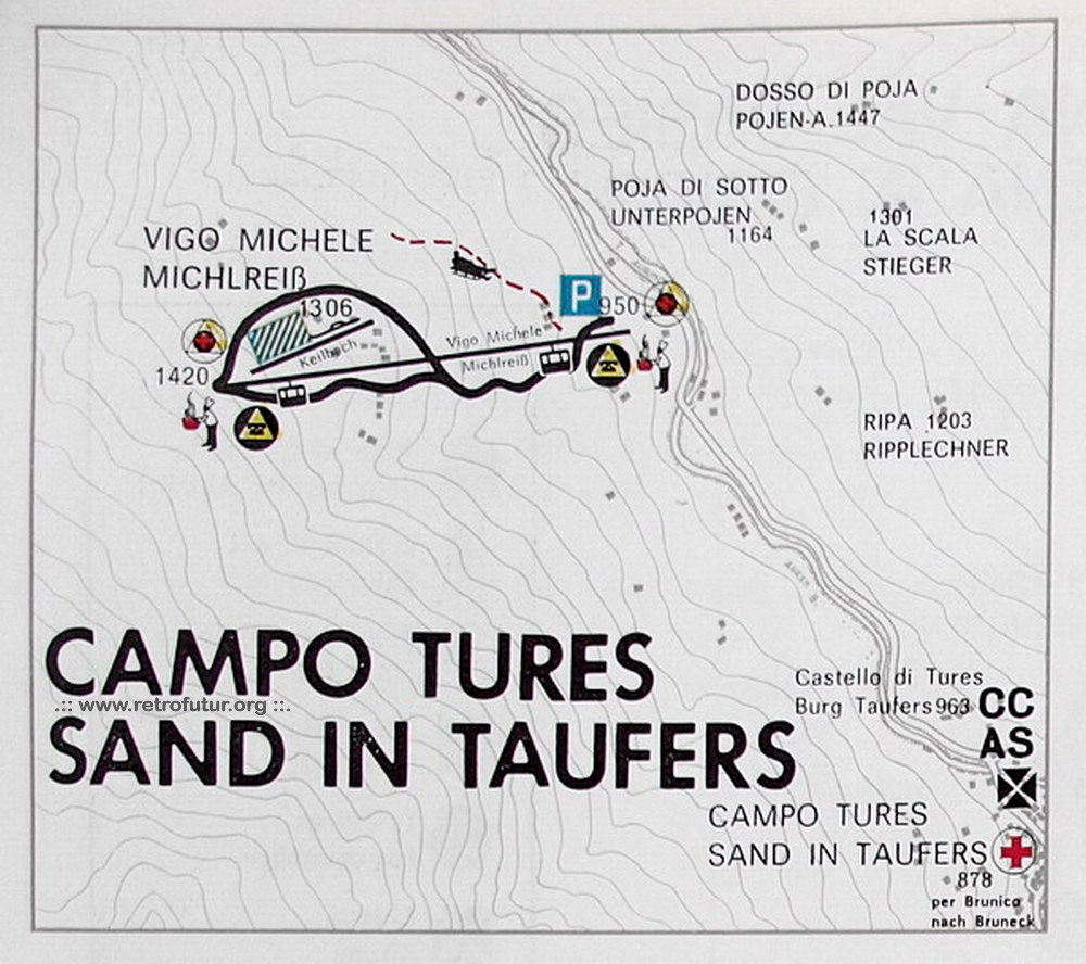 Sand in Taufers (BZ) / Korblifte Milchreis und Speikboden : 1964: Die erste Sektion Korblift Sand in Taufers (950m) zur Milchreisalm (1420m) ist fertig, der Skiebtrieb kann starten!